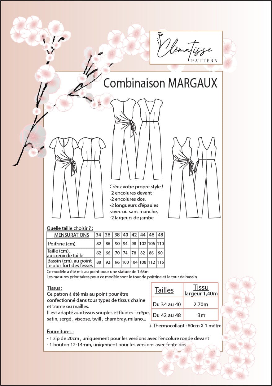 Combinaison MARGAUX Patron de couture Pochette - CLEMATISSE PATTERN Patron de couture CLEMATISSE PATTERN | Gaspard et Léonie Tissus en ligne et Mercerie à Toulouse