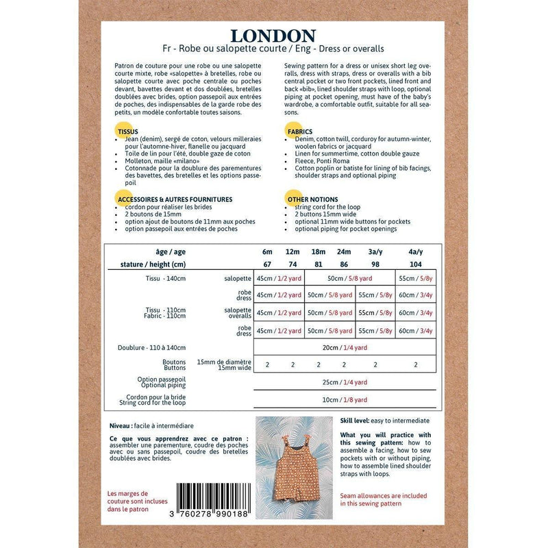 LONDON Robe ou salopette courte patron de couture pochette - L'atelier de Gaspard et Léonie