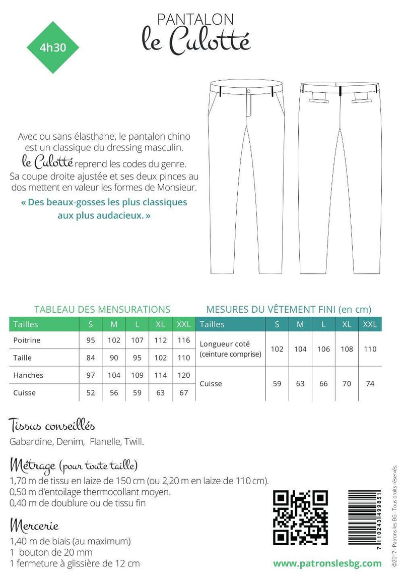 Pantalon Chino LE CULOTTÉ Patron de couture pochette - L'atelier de Gaspard et Léonie