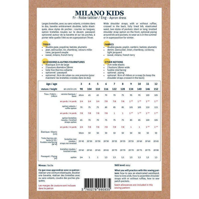 Robe tablier MILANO KIDS patron de couture pochette IKATEE Patron de couture Ikatee | Gaspard et Léonie Tissus en ligne et Mercerie à Toulouse