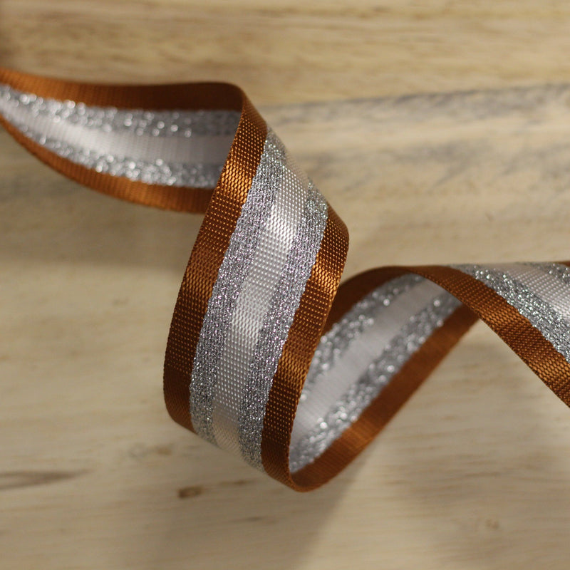 Sangle 38mm marron cuivré/argent/blanc (Vendu x10cm) Mercerie Sélection Gaspard & Léonie | Gaspard et Léonie Tissus Mercerie Toulouse