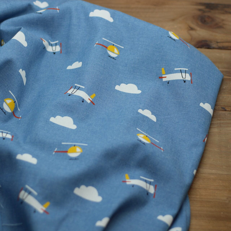 Tissu Coton Denim imprimé - PLANES - Bleu | KATIA Fabrics (Vendu x10cm) Tissus katia Fabrics | Gaspard et Léonie Tissus en ligne et Mercerie à Toulouse