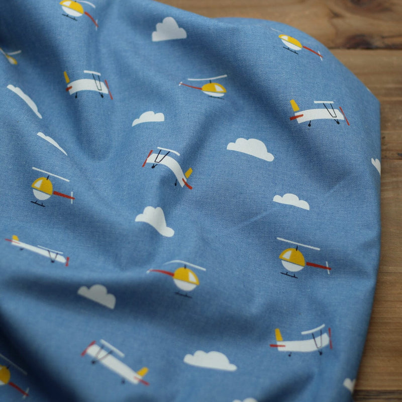 Tissu Coton Denim imprimé - PLANES - Bleu | KATIA Fabrics (Vendu x10cm) Tissus katia Fabrics | Gaspard et Léonie Tissus en ligne et Mercerie à Toulouse