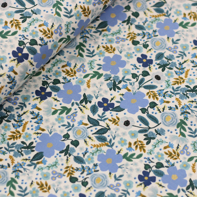 Tissu coton - GARDEN PARTY - Wild Rose Blue Gold (vendu x10cm) Tissus Rifle Paper Co | Gaspard et Léonie Tissus Mercerie Toulouse