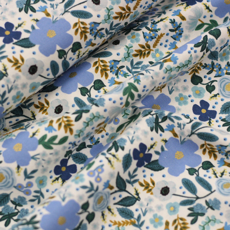 Tissu coton - GARDEN PARTY - Wild Rose Blue Gold (vendu x10cm) Tissus Rifle Paper Co | Gaspard et Léonie Tissus Mercerie Toulouse