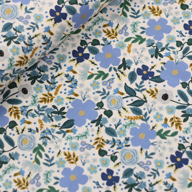 Tissu coton - GARDEN PARTY - Wild Rose Blue Gold (vendu x10cm) Tissus Rifle Paper Co | Gaspard et Léonie Tissus Mercerie Toulouse