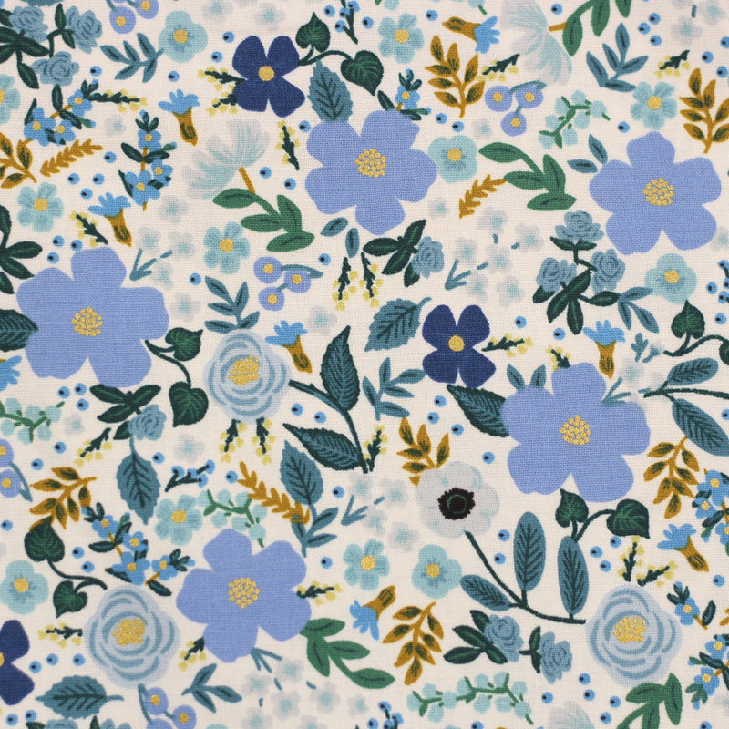Tissu coton - GARDEN PARTY - Wild Rose Blue Gold (vendu x10cm) Tissus Rifle Paper Co | Gaspard et Léonie Tissus Mercerie Toulouse