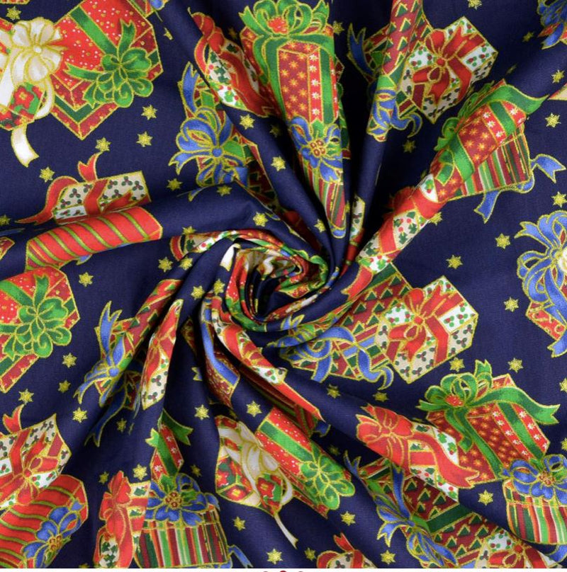 Tissu coton NOEL - Cadeaux Glitter - Bleu marine (Vendu x10cm) Tissus Sélection Gaspard & Léonie | Gaspard et Léonie Tissus en ligne et Mercerie à Toulouse
