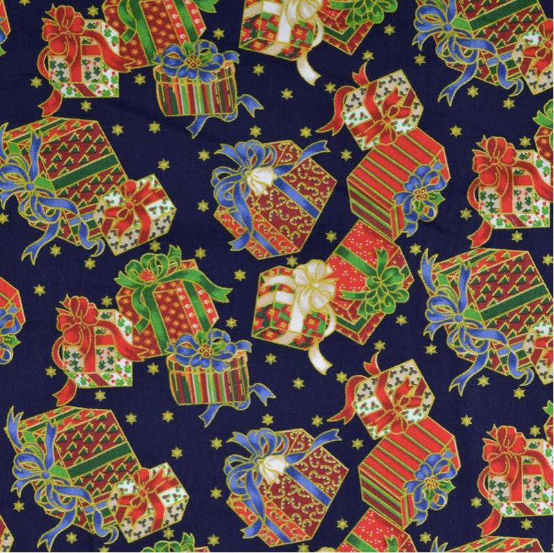 Tissu coton NOEL - Cadeaux Glitter - Bleu marine (Vendu x10cm) Tissus Sélection Gaspard & Léonie | Gaspard et Léonie Tissus en ligne et Mercerie à Toulouse