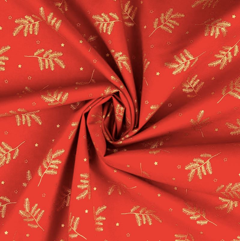 Tissu coton Popeline NOEL - Brins de sapin Dorés - Rouge (Vendu x10cm) Tissus Sélection Gaspard & Léonie | Gaspard et Léonie Tissus en ligne et Mercerie à Toulouse
