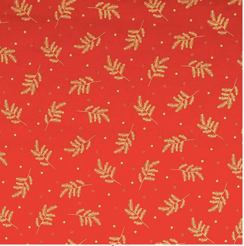 Tissu coton Popeline NOEL - Brins de sapin Dorés - Rouge (Vendu x10cm) Tissus Sélection Gaspard & Léonie | Gaspard et Léonie Tissus en ligne et Mercerie à Toulouse