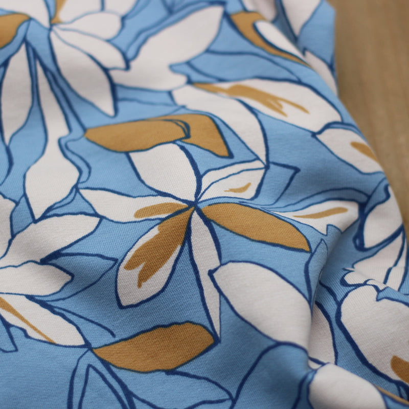 Tissu French Terry - Big flowers - Bleu - Poppy Designed for You (Vendu x10cm) Tissus POPPY Designed For You | Gaspard et Léonie Tissus en ligne et Mercerie à Toulouse