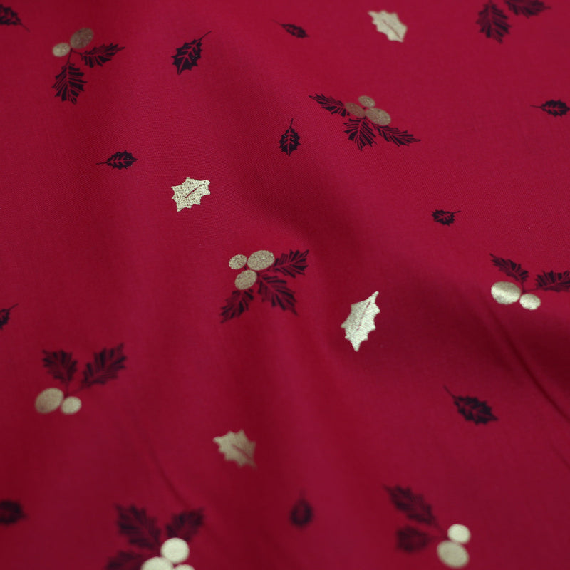 Tissu NOEL - Houx Or/doré - Rouge | Gaspard et Léonie Mercerie Tissus Toulouse